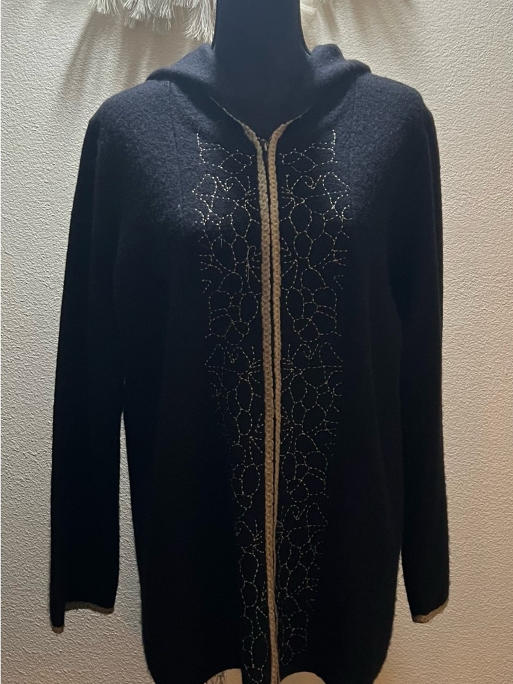 Black Hooded Cardigan with Metallic Stitch Detail Pristine